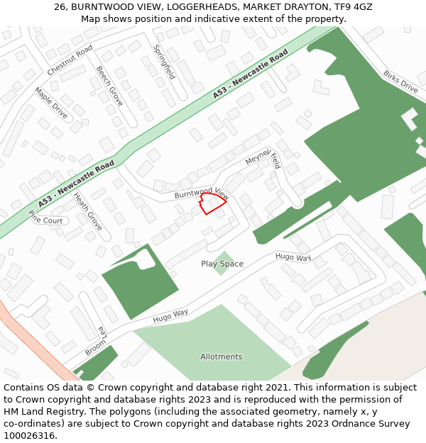 26, BURNTWOOD VIEW, LOGGERHEADS, MARKET DRAYTON, TF9 4GZ: Location map and indicative extent of plot