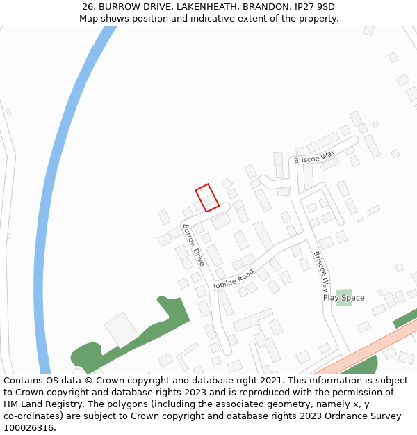 26, BURROW DRIVE, LAKENHEATH, BRANDON, IP27 9SD: Location map and indicative extent of plot