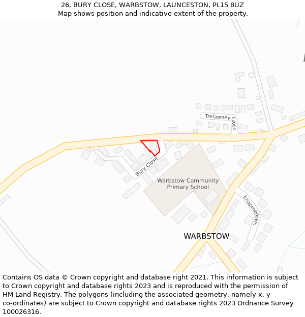 26, BURY CLOSE, WARBSTOW, LAUNCESTON, PL15 8UZ: Location map and indicative extent of plot