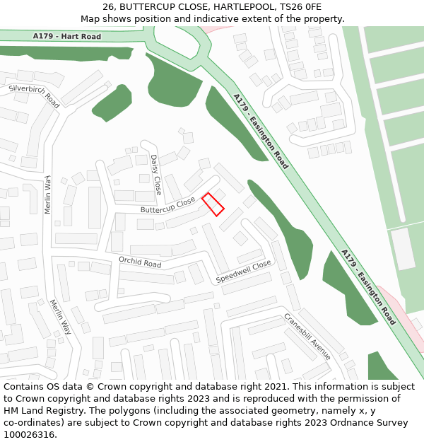 26, BUTTERCUP CLOSE, HARTLEPOOL, TS26 0FE: Location map and indicative extent of plot