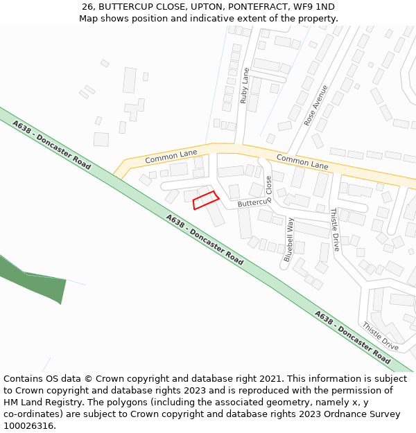 26, BUTTERCUP CLOSE, UPTON, PONTEFRACT, WF9 1ND: Location map and indicative extent of plot