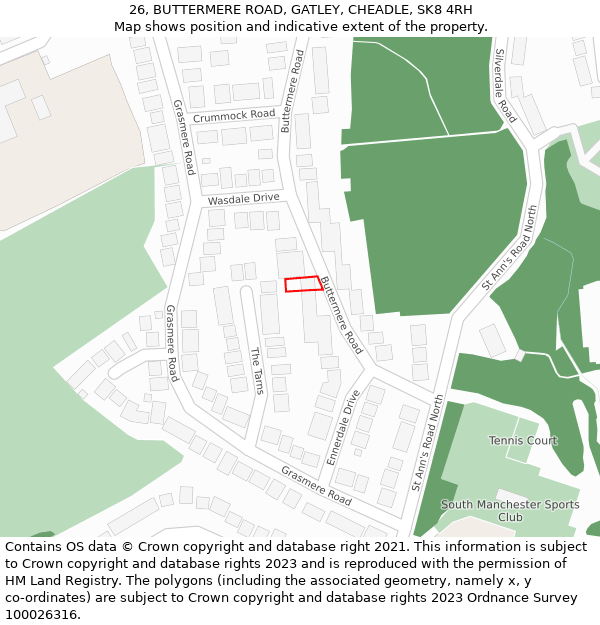 26, BUTTERMERE ROAD, GATLEY, CHEADLE, SK8 4RH: Location map and indicative extent of plot