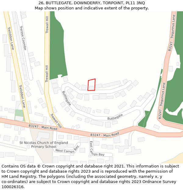 26, BUTTLEGATE, DOWNDERRY, TORPOINT, PL11 3NQ: Location map and indicative extent of plot