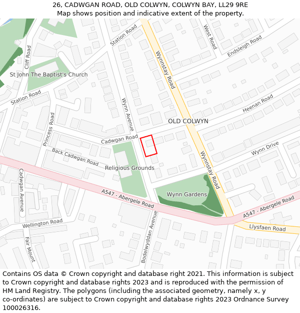 26, CADWGAN ROAD, OLD COLWYN, COLWYN BAY, LL29 9RE: Location map and indicative extent of plot