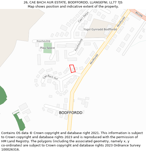 26, CAE BACH AUR ESTATE, BODFFORDD, LLANGEFNI, LL77 7JS: Location map and indicative extent of plot