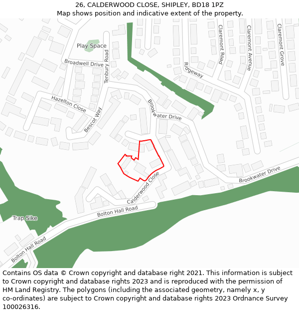 26, CALDERWOOD CLOSE, SHIPLEY, BD18 1PZ: Location map and indicative extent of plot
