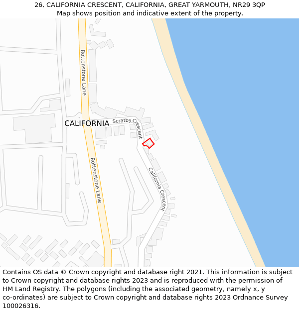 26, CALIFORNIA CRESCENT, CALIFORNIA, GREAT YARMOUTH, NR29 3QP: Location map and indicative extent of plot