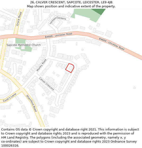 26, CALVER CRESCENT, SAPCOTE, LEICESTER, LE9 4JB: Location map and indicative extent of plot