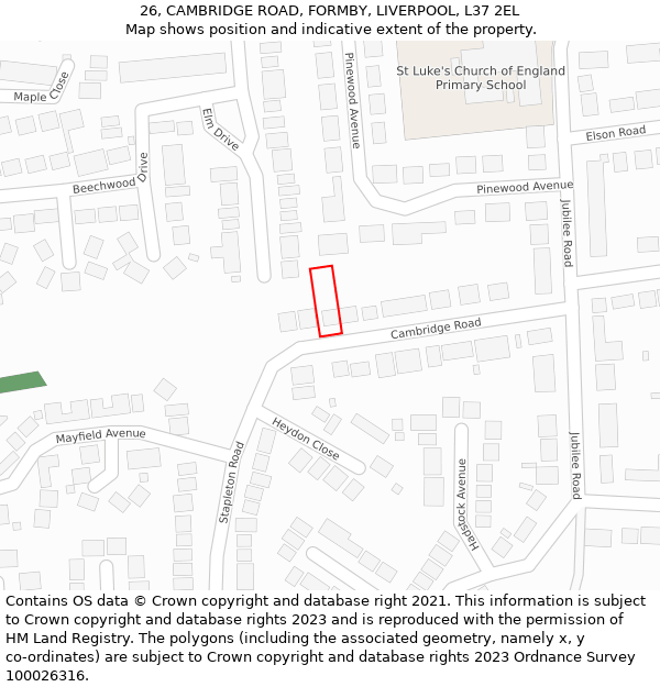 26, CAMBRIDGE ROAD, FORMBY, LIVERPOOL, L37 2EL: Location map and indicative extent of plot