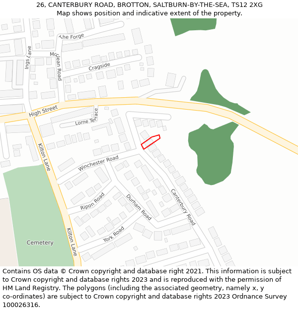 26, CANTERBURY ROAD, BROTTON, SALTBURN-BY-THE-SEA, TS12 2XG: Location map and indicative extent of plot