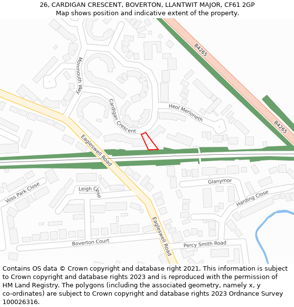 26, CARDIGAN CRESCENT, BOVERTON, LLANTWIT MAJOR, CF61 2GP: Location map and indicative extent of plot