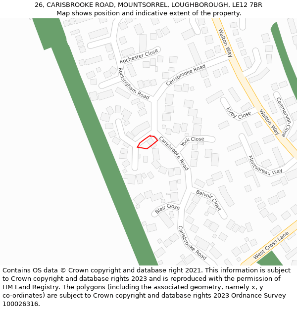 26, CARISBROOKE ROAD, MOUNTSORREL, LOUGHBOROUGH, LE12 7BR: Location map and indicative extent of plot