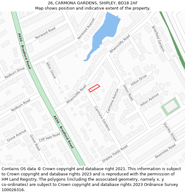 26, CARMONA GARDENS, SHIPLEY, BD18 2AF: Location map and indicative extent of plot