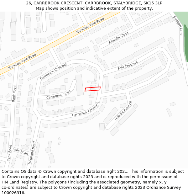 26, CARRBROOK CRESCENT, CARRBROOK, STALYBRIDGE, SK15 3LP: Location map and indicative extent of plot