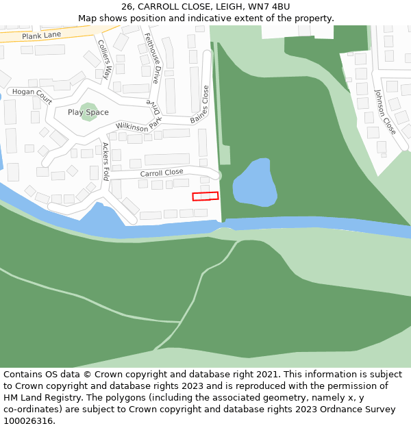 26, CARROLL CLOSE, LEIGH, WN7 4BU: Location map and indicative extent of plot