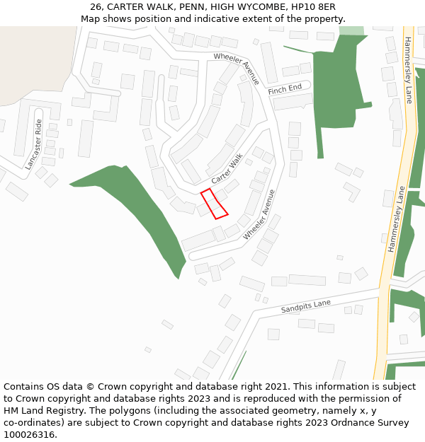 26, CARTER WALK, PENN, HIGH WYCOMBE, HP10 8ER: Location map and indicative extent of plot