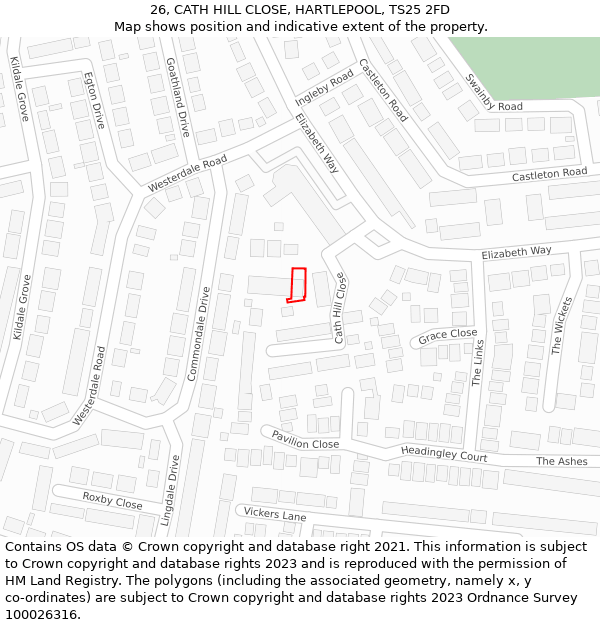 26, CATH HILL CLOSE, HARTLEPOOL, TS25 2FD: Location map and indicative extent of plot