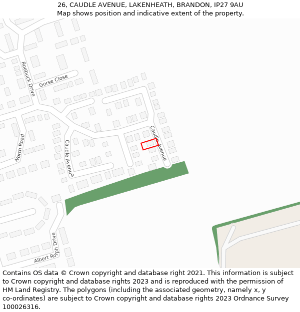 26, CAUDLE AVENUE, LAKENHEATH, BRANDON, IP27 9AU: Location map and indicative extent of plot