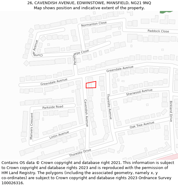 26, CAVENDISH AVENUE, EDWINSTOWE, MANSFIELD, NG21 9NQ: Location map and indicative extent of plot