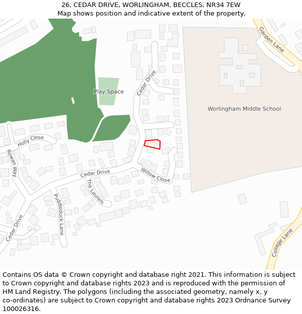26, CEDAR DRIVE, WORLINGHAM, BECCLES, NR34 7EW: Location map and indicative extent of plot