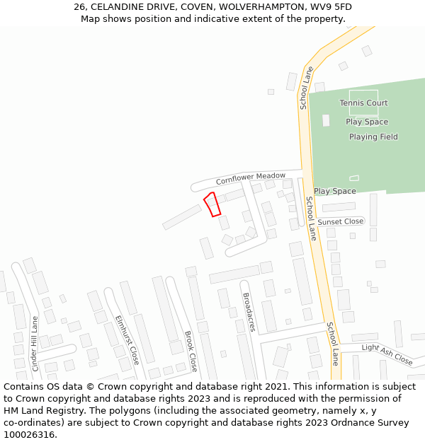26, CELANDINE DRIVE, COVEN, WOLVERHAMPTON, WV9 5FD: Location map and indicative extent of plot