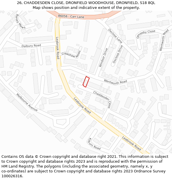 26, CHADDESDEN CLOSE, DRONFIELD WOODHOUSE, DRONFIELD, S18 8QL: Location map and indicative extent of plot