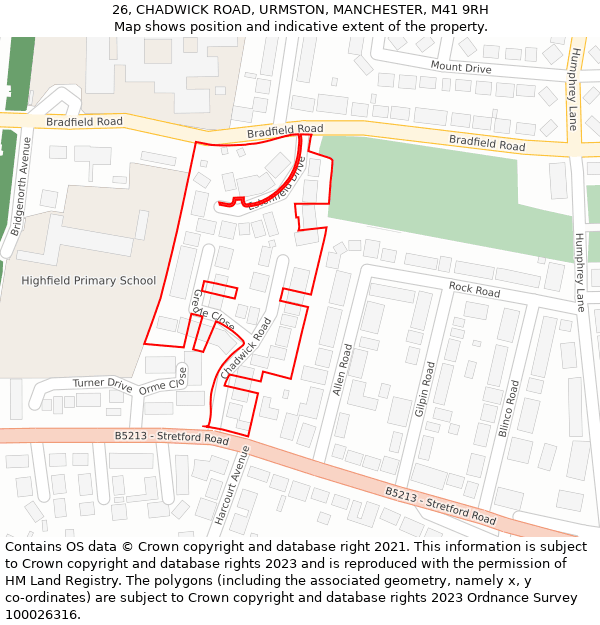 26, CHADWICK ROAD, URMSTON, MANCHESTER, M41 9RH: Location map and indicative extent of plot