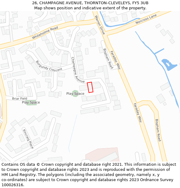 26, CHAMPAGNE AVENUE, THORNTON-CLEVELEYS, FY5 3UB: Location map and indicative extent of plot