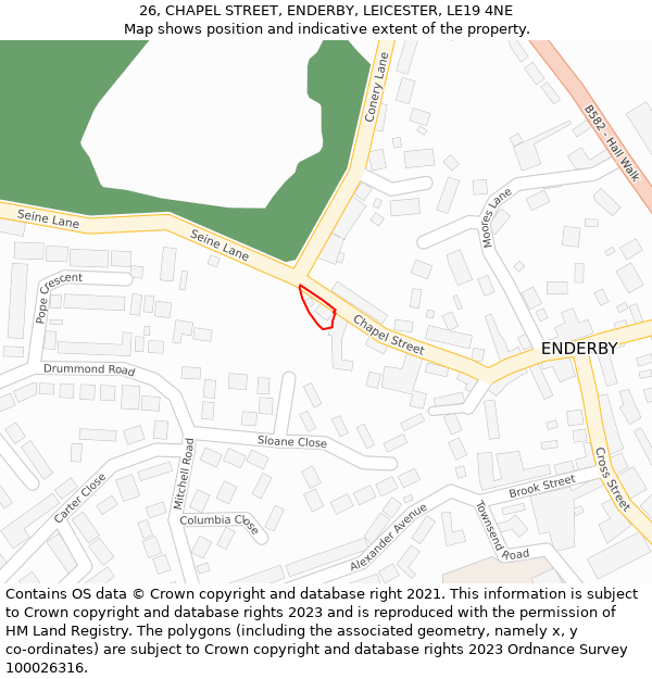 26, CHAPEL STREET, ENDERBY, LEICESTER, LE19 4NE: Location map and indicative extent of plot