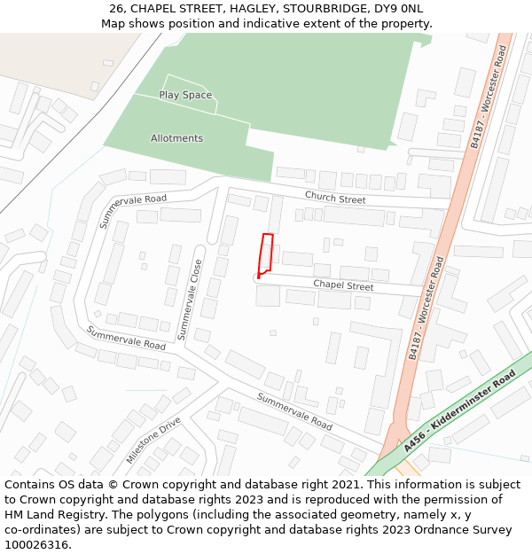 26, CHAPEL STREET, HAGLEY, STOURBRIDGE, DY9 0NL: Location map and indicative extent of plot