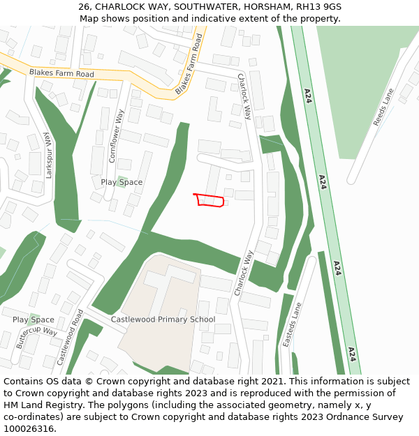 26, CHARLOCK WAY, SOUTHWATER, HORSHAM, RH13 9GS: Location map and indicative extent of plot