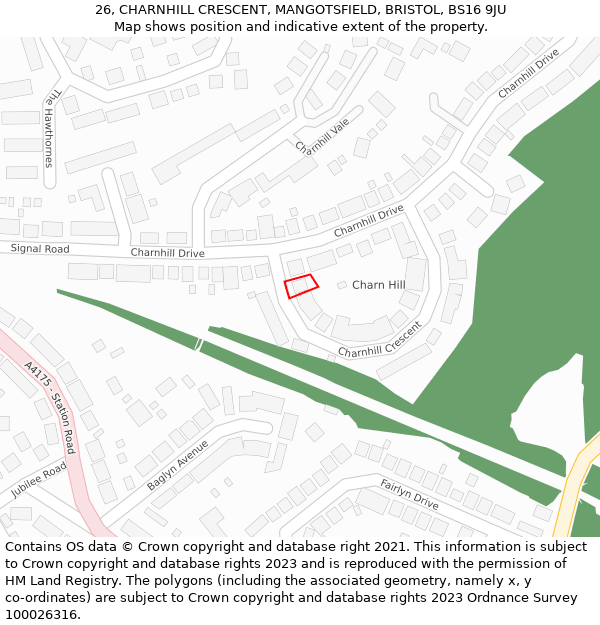 26, CHARNHILL CRESCENT, MANGOTSFIELD, BRISTOL, BS16 9JU: Location map and indicative extent of plot