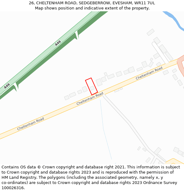 26, CHELTENHAM ROAD, SEDGEBERROW, EVESHAM, WR11 7UL: Location map and indicative extent of plot