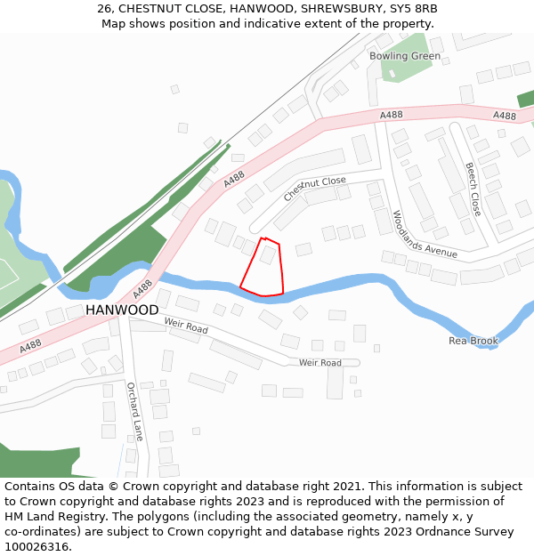 26, CHESTNUT CLOSE, HANWOOD, SHREWSBURY, SY5 8RB: Location map and indicative extent of plot