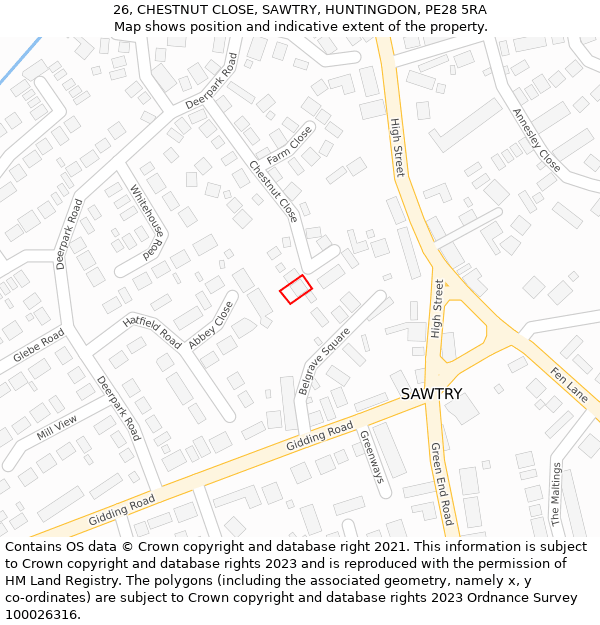 26, CHESTNUT CLOSE, SAWTRY, HUNTINGDON, PE28 5RA: Location map and indicative extent of plot