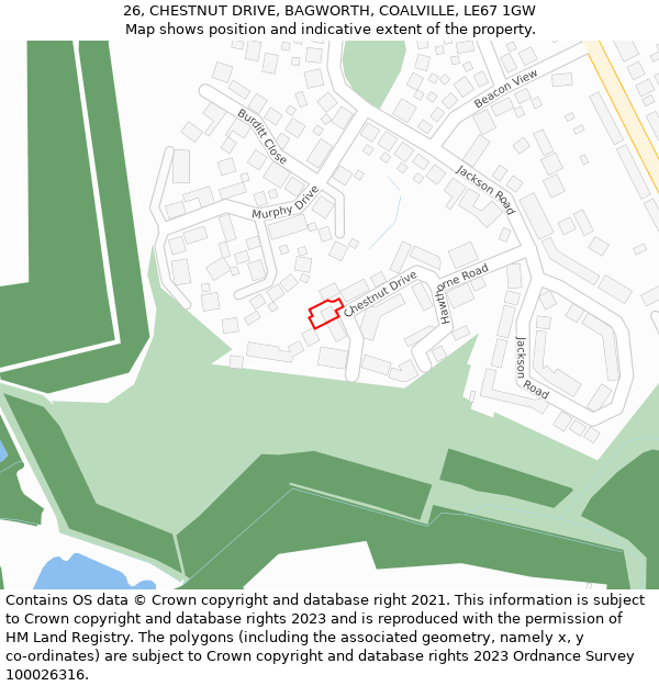 26, CHESTNUT DRIVE, BAGWORTH, COALVILLE, LE67 1GW: Location map and indicative extent of plot