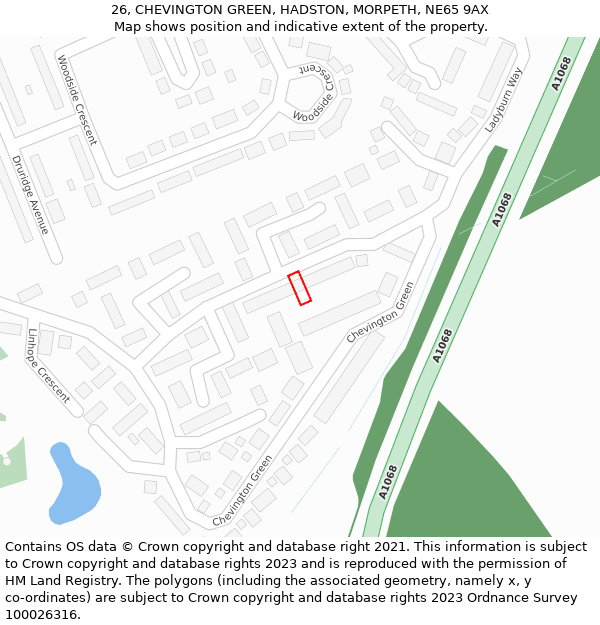 26, CHEVINGTON GREEN, HADSTON, MORPETH, NE65 9AX: Location map and indicative extent of plot