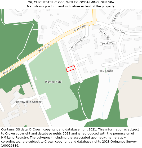 26, CHICHESTER CLOSE, WITLEY, GODALMING, GU8 5PA: Location map and indicative extent of plot