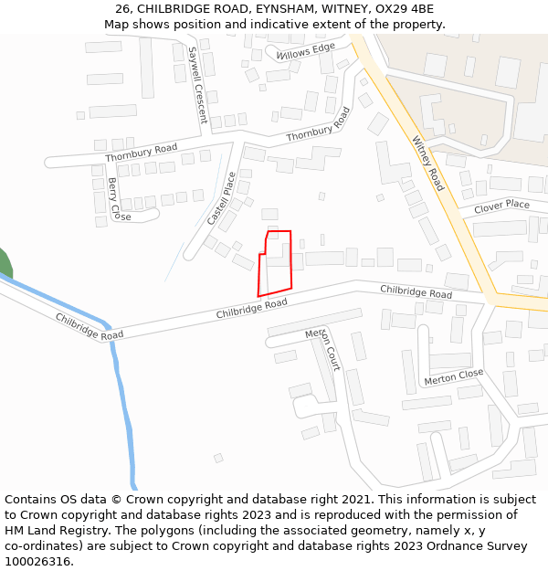 26, CHILBRIDGE ROAD, EYNSHAM, WITNEY, OX29 4BE: Location map and indicative extent of plot