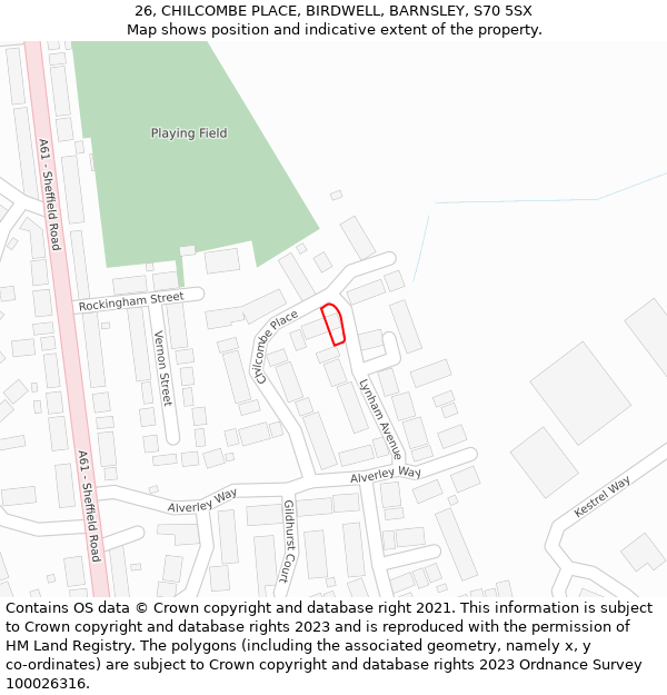 26, CHILCOMBE PLACE, BIRDWELL, BARNSLEY, S70 5SX: Location map and indicative extent of plot