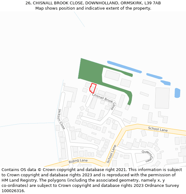 26, CHISNALL BROOK CLOSE, DOWNHOLLAND, ORMSKIRK, L39 7AB: Location map and indicative extent of plot