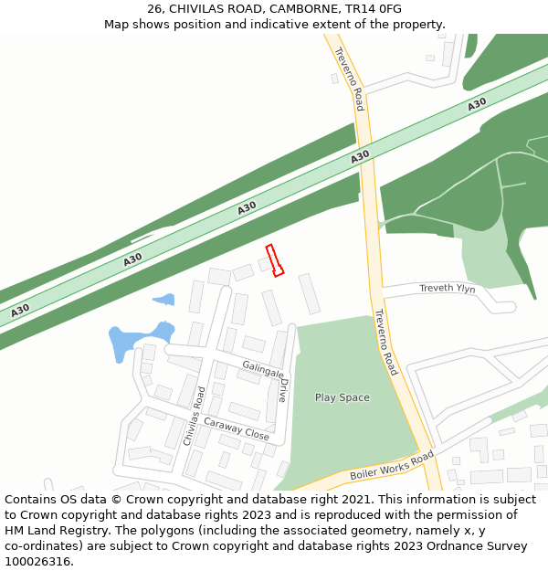 26, CHIVILAS ROAD, CAMBORNE, TR14 0FG: Location map and indicative extent of plot