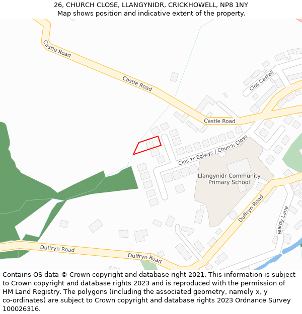 26, CHURCH CLOSE, LLANGYNIDR, CRICKHOWELL, NP8 1NY: Location map and indicative extent of plot