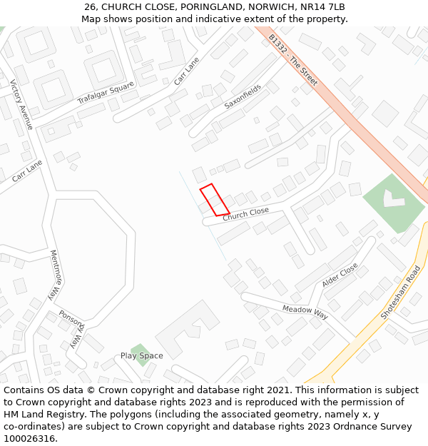 26, CHURCH CLOSE, PORINGLAND, NORWICH, NR14 7LB: Location map and indicative extent of plot
