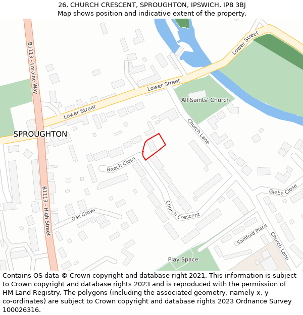 26, CHURCH CRESCENT, SPROUGHTON, IPSWICH, IP8 3BJ: Location map and indicative extent of plot