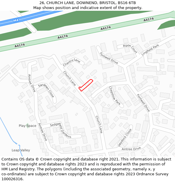 26, CHURCH LANE, DOWNEND, BRISTOL, BS16 6TB: Location map and indicative extent of plot