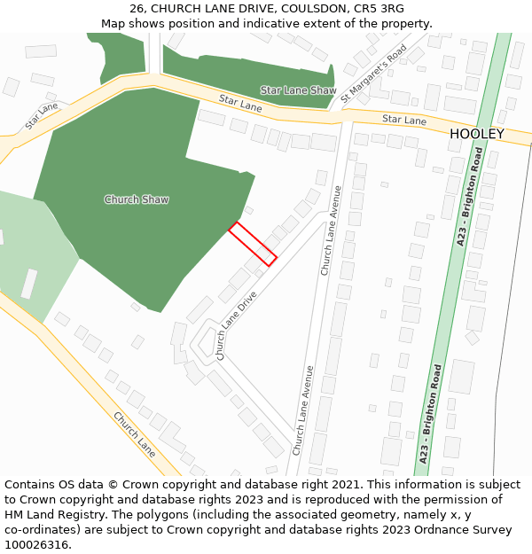 26, CHURCH LANE DRIVE, COULSDON, CR5 3RG: Location map and indicative extent of plot