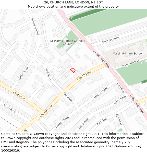 26, CHURCH LANE, LONDON, N2 8DT: Location map and indicative extent of plot