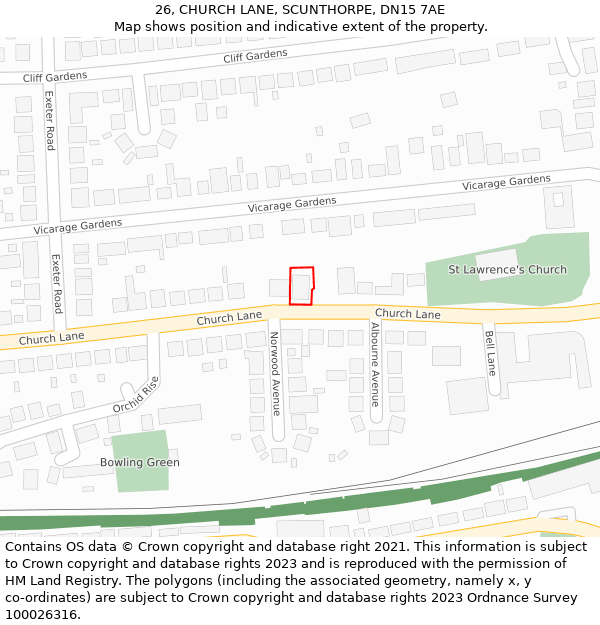 26, CHURCH LANE, SCUNTHORPE, DN15 7AE: Location map and indicative extent of plot