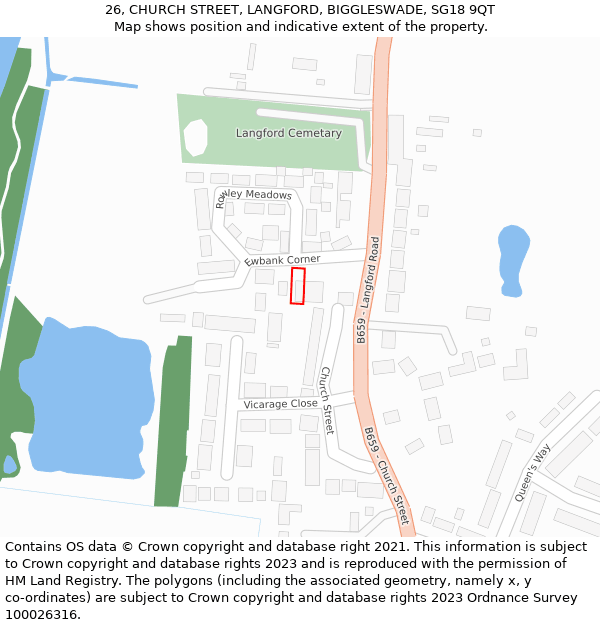 26, CHURCH STREET, LANGFORD, BIGGLESWADE, SG18 9QT: Location map and indicative extent of plot